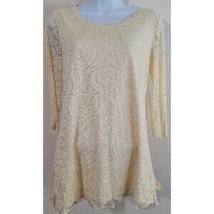 Isaac Mizrahi Live Cream Lace Overlay Tunic Top XXS Long Sleeves Soft Stretchy